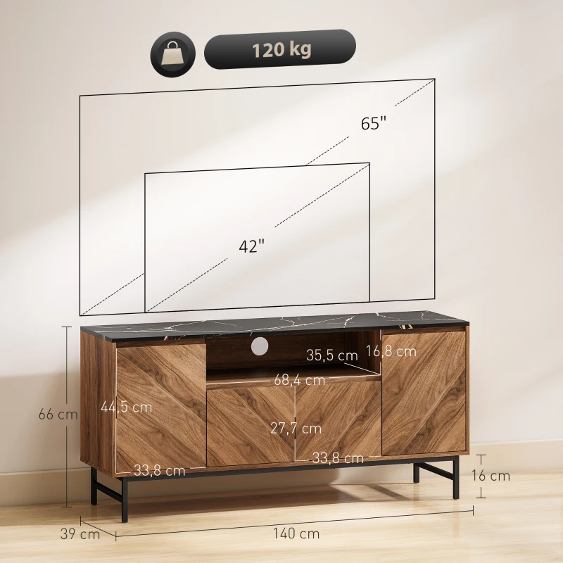 HOMCOM Mueble TV hasta 65 pulgadas mueble tele madera con compartimento abierto y pasacables, efecto mármol, 140x39x66cm, nogal