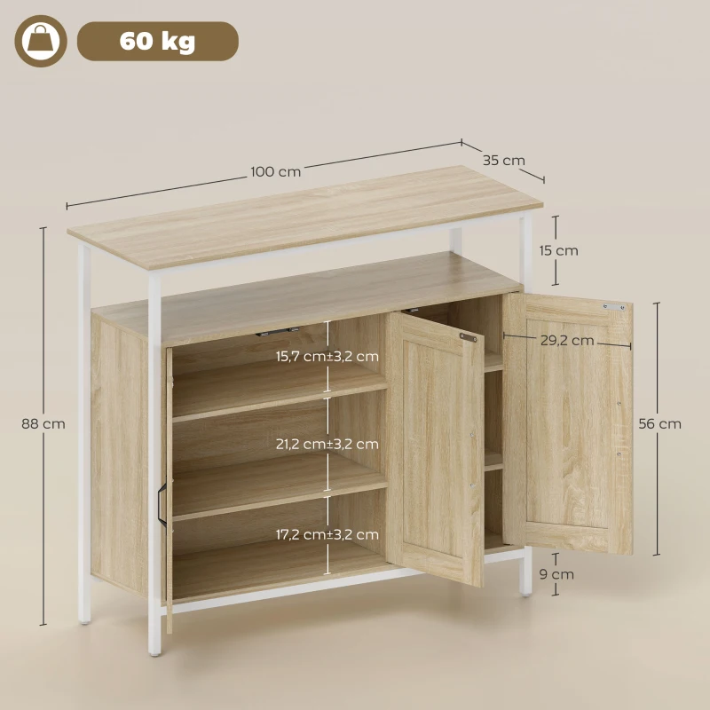 HOMCOM Buffet, meuble de rangement avec 3 portes, compartiment ouvert et 4 étagères réglables, 100 x 35 x 88 cm, bois naturel