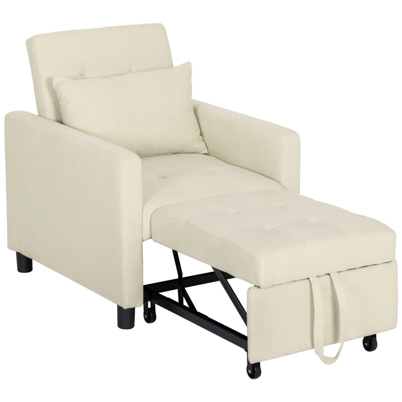 HOMCOM Sofá Cama Individual Poltrona com 4 Rodas Encosto Reclinável Almofada Extra e Assento Acolchoado 69x82,5x84 cm Bege