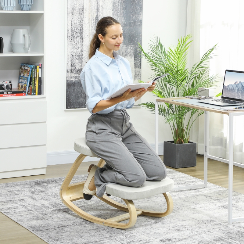 HOMCOM Siège assis genoux, siège ergonomique en bois à bascule, chaise à genoux pour bureau à domiciles, crème
