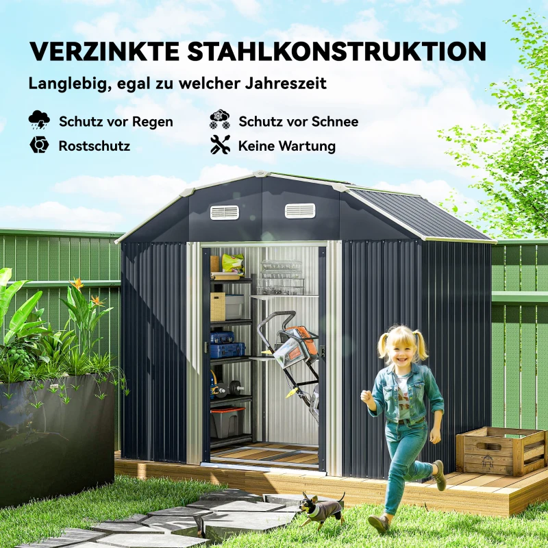 Outsunny Gartenhaus Geräteschuppen Gartenschuppen, wetterbeständig, 2 Fenster, 2 Türen, 238 x 132 x 198,5 cm, Dunkelgrau(m-4)