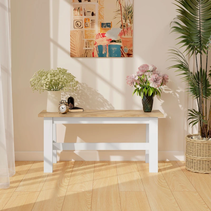 HOMCOM Sitzbank für 2, Holzbank in Eichenoptik, stabilisierende Querstange, für Wohnzimmer, Esszimmer, Flur, Kautschukholz, Weiß