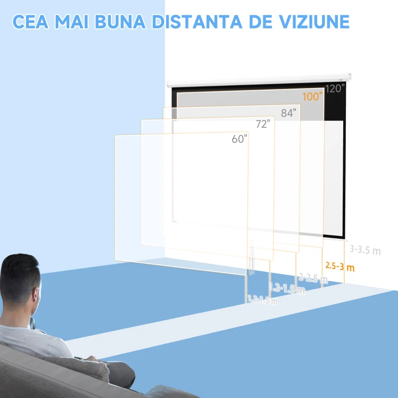 HOMCOM Ecran Proiector, Pânză pentru Proiector cu Fixare pe Perete și Tavan pentru Acasă și Birou, 236.8x8x158 cm, Alb