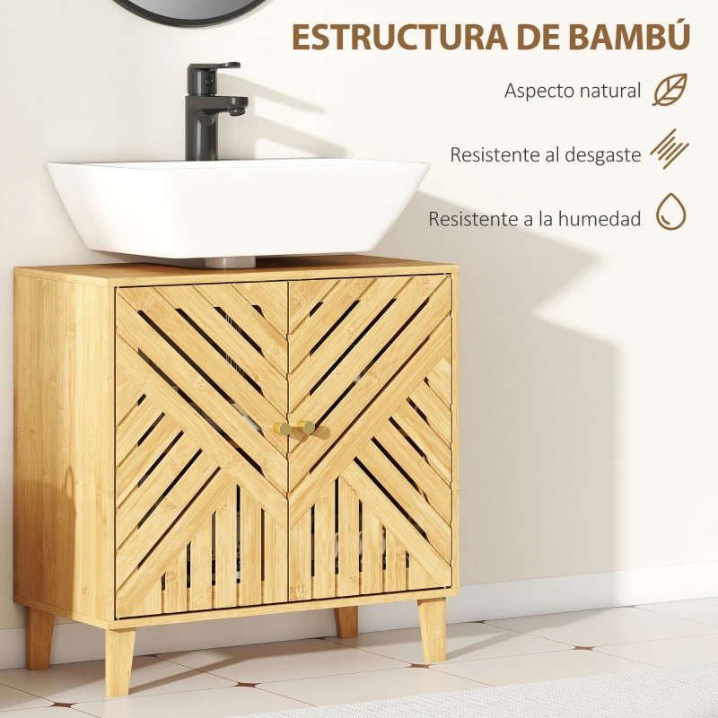 HOMCOM Mueble bajo Lavabo de Bambú con 2 Puertas Lamas y Estante Ajustable para Lavabo sin Pedestal 60x30x60 cm Natural