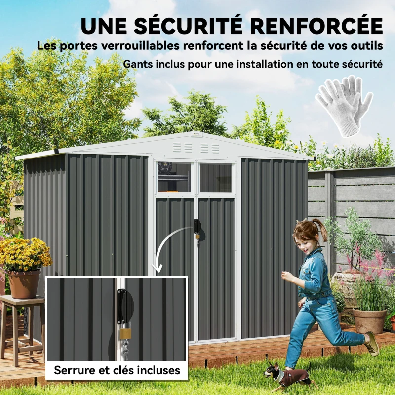 Outsunny Abri de jardin en métal 2,7 m² avec fenêtre, 4 évents et porte verrouillable, 246 x 117 x 180 cm, gris