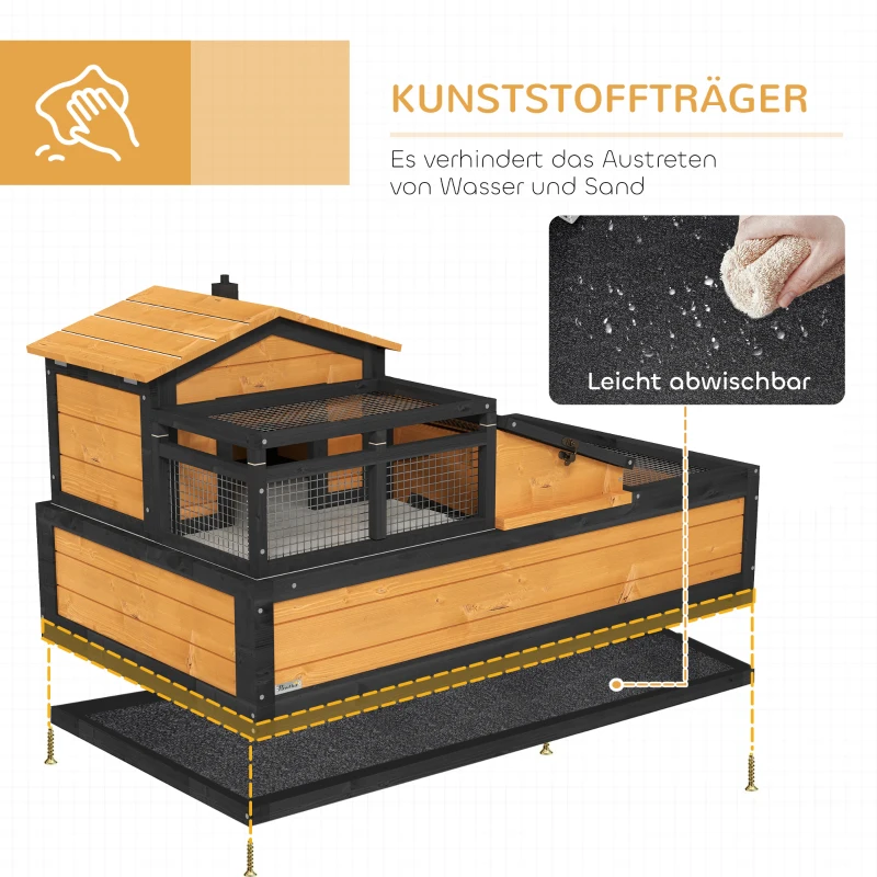 PawHut Schuldkrötenhaus, 2 Ebenen, für drinnen und draußen, Schublade, Tannenholz, Gelb(m-6)
