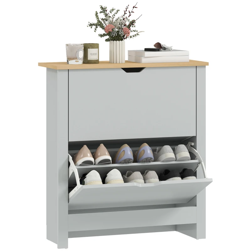 HOMCOM Slim Shoe Cabinet, Narrow Shoe Cupboard with 2 Flip Drawers, Adjustable Shelves for 12 Pairs of Shoes, Light Grey