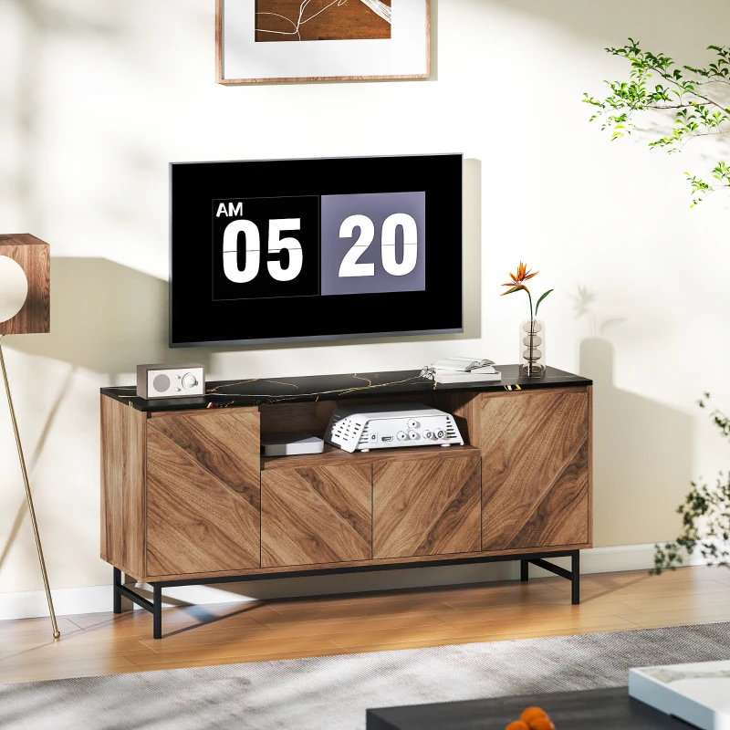 HOMCOM TV-Schrank bis zu 65 Zoll TV-Möbel aus Holz mit offenem Fach und Kabeldurchführung, Marmoreffekt, 140x39x66cm, Nussbaum