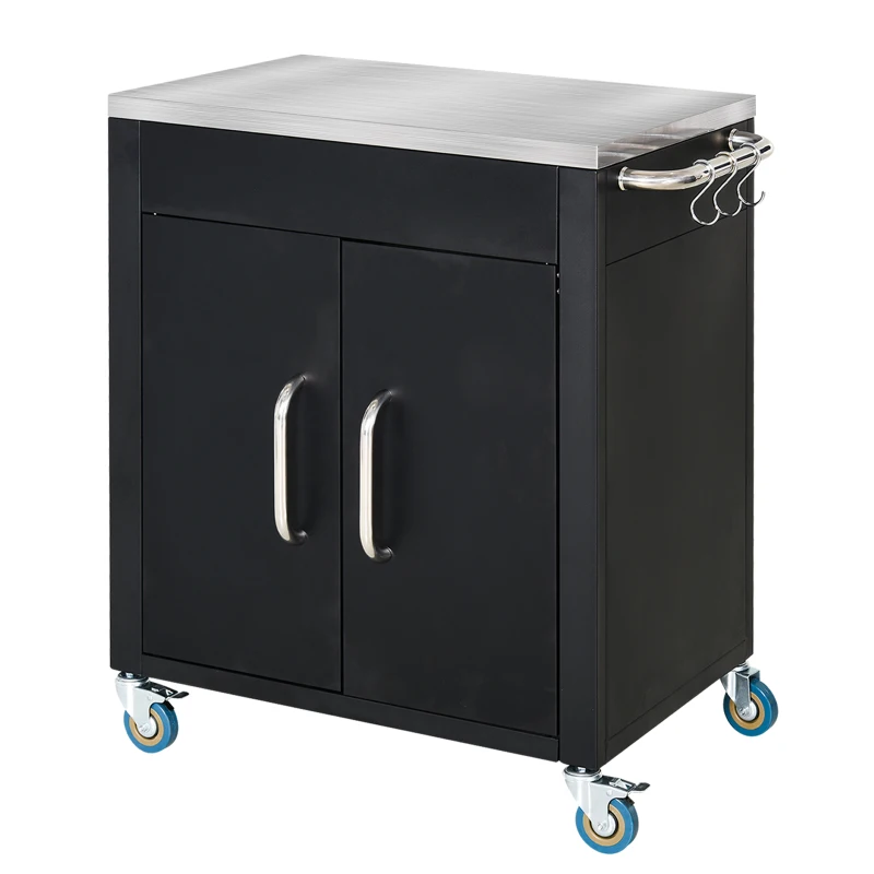 HOMCOM Küchenwagen mit Rollen, Servierwagen, Rollwagen mit Schrank, Haken und Edelstahlgriffe, Küchenhilfe, BBQ Grilltisch aus Edelstahl Küchentrolley, 86 x 50 x 86,5 cm Schwarz