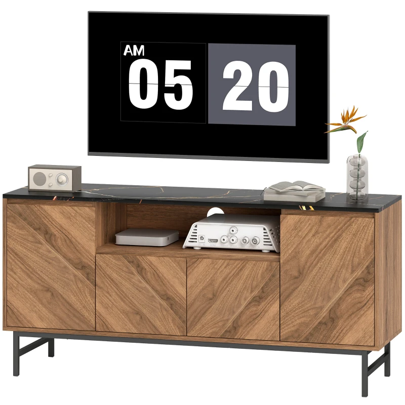 HOMCOM Meuble TV jusqu'à 65 pouces meuble télé bois avec compartiment ouvert et passe-câbles, effet marbre, 140x39x66cm, noyer