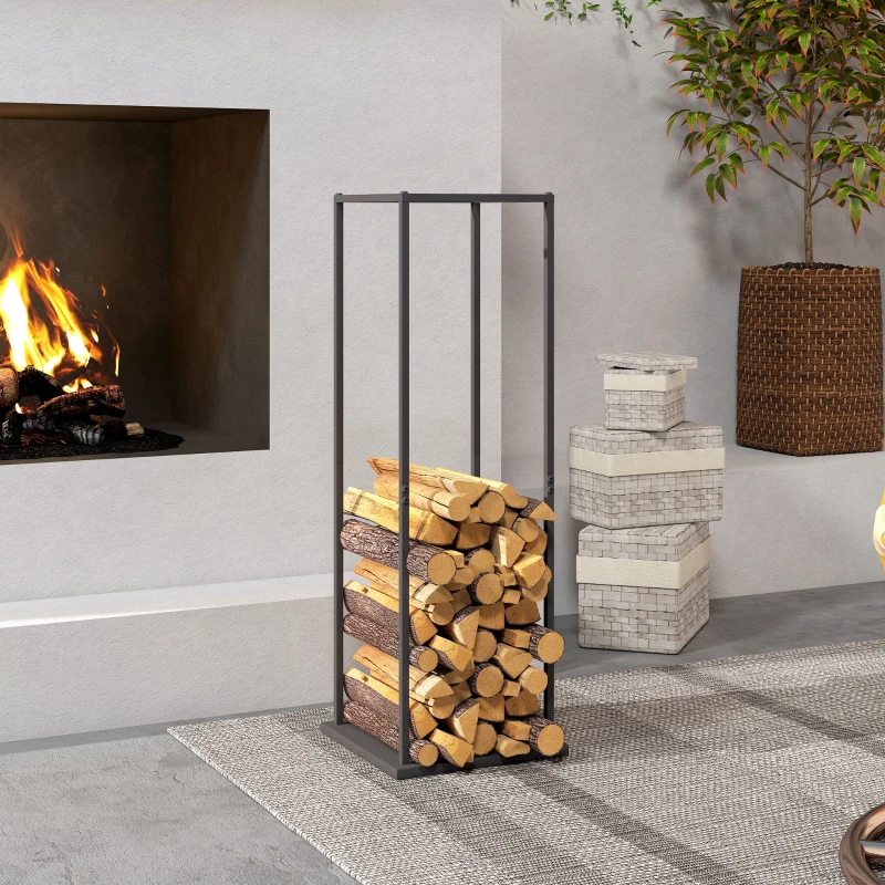 Outsunny Suporte para Lenha Metálico para Lareira com Base Elevada Capacidade de 100 kg 33x33x110 cm Preto