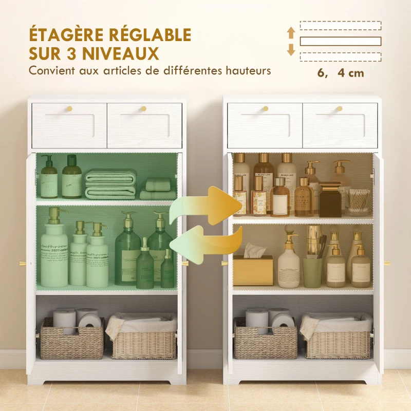 HOMCOM Meuble de salle de bain meuble de rangement avec 2 tiroirs double porte arquée étagères réglables 60x30x108cm blanc