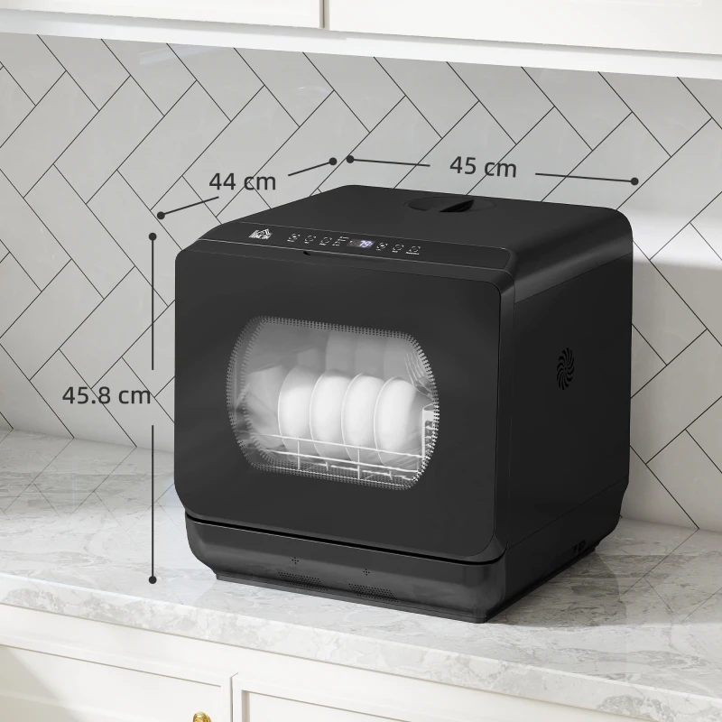 HOMCOM Table Top Dishwasher with Built-in 6L Water Tank, Mini Countertop Dishwasher with 6 Programs, 4 Place Settings, Black