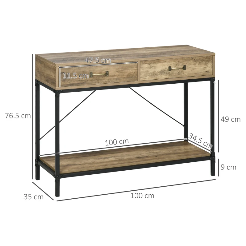 HOMCOM Tavolo Consolle Stile Vintage in Metallo e Legno con 2 Cassetti e Mensola, 100x35x76.5cm, Marrone