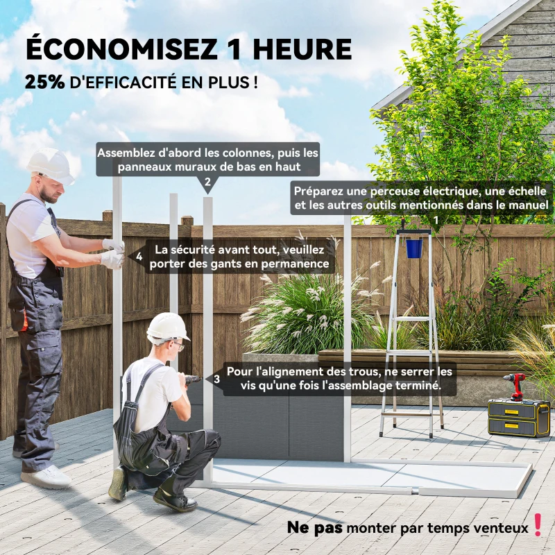 Outsunny Abri de jardin extérieur 2,4 x 1,3 m, en résine avec plancher, fenêtre, portes verrouillables et aérations, gris