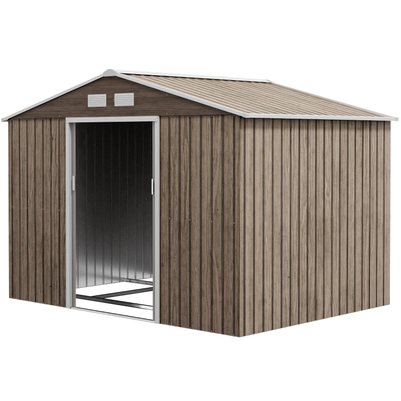 Outsunny Abri de jardin 5,4 m² 2,77 x 1,95 x 1,92 m fondation incluse porte coulissante ventilations tôle acier, marron clair