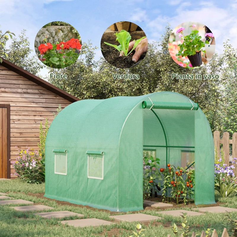 Outsunny Serra da Giardino Telaio in Acciaio e 4 Finestre in PE 2.5x2x2m, Verde