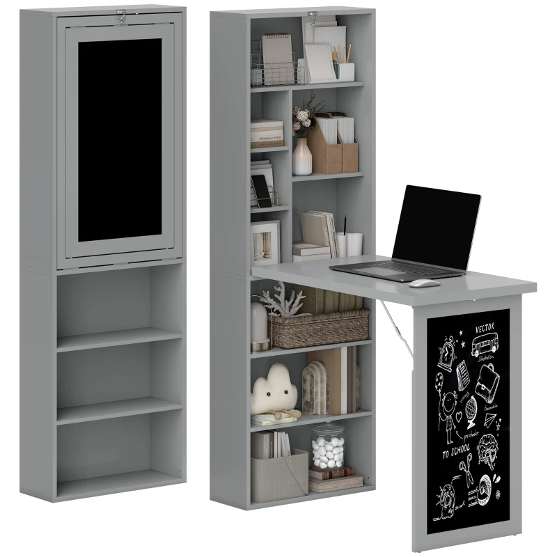 HOMCOM Bureau avec rangement pliable murale rabattable avec bibliothèque poste de travail tableau à craie et étagère réglable(m-10)