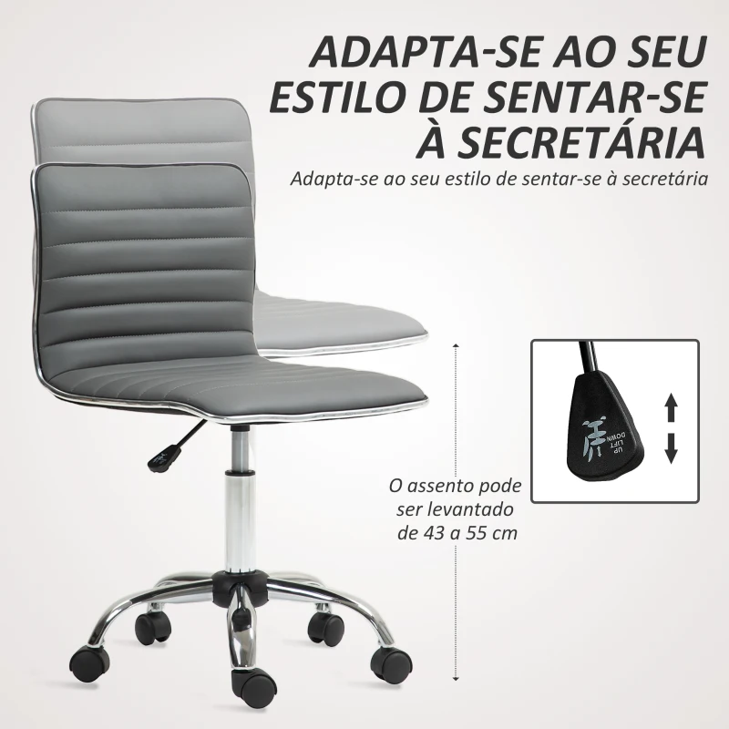 HOMCOM Cadeira de Escritório sem Apoio para os Braços Cadeira de Escritório Giratória com Altura Ajustável 48x52x78-90 cm Cinza