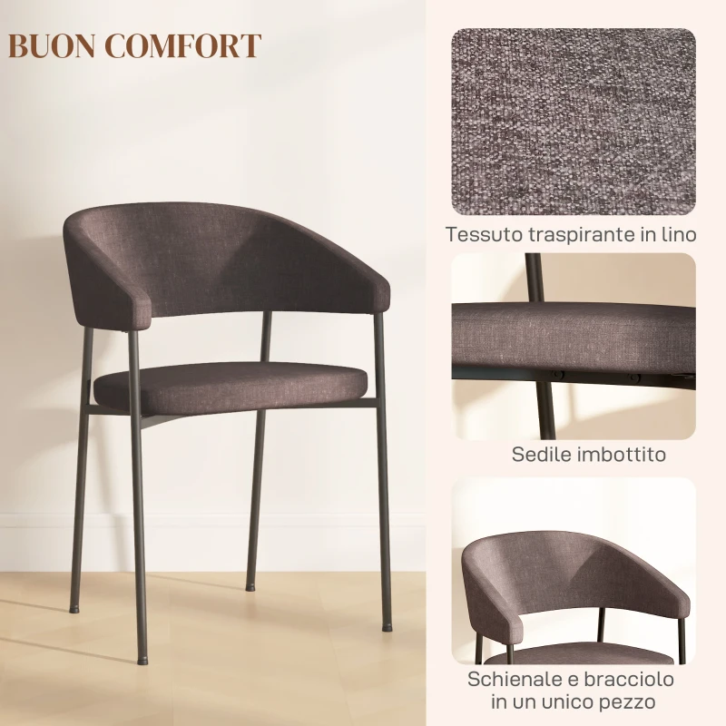 HOMCOM Set 2 Sedie da Pranzo Imbottite e Monoblocco, in Tessuto Effetto Lino e Acciaio, 59x56x78 cm, Marrone