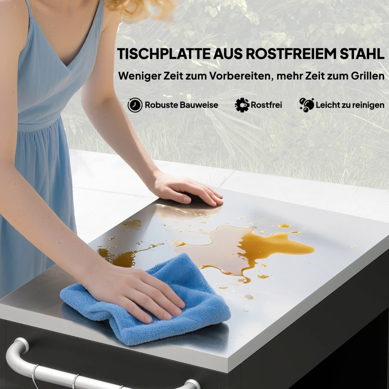 HOMCOM Küchenwagen mit Rollen, Servierwagen, Rollwagen mit Schrank, Haken und Edelstahlgriffe, Küchenhilfe, BBQ Grilltisch aus Edelstahl Küchentrolley, 86 x 50 x 86,5 cm Schwarz