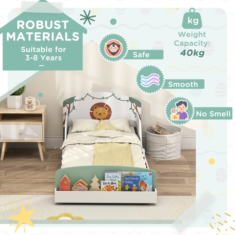 AIYAPLAY Toddler Bed with Storage, Guardrails, Lion Design, for Ages 3-8 Years, Fits 140 x 70cm Mattress, Green