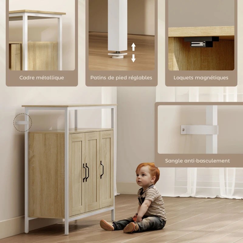 HOMCOM Buffet, meuble de rangement avec 3 portes, compartiment ouvert et 4 étagères réglables, 100 x 35 x 88 cm, bois naturel