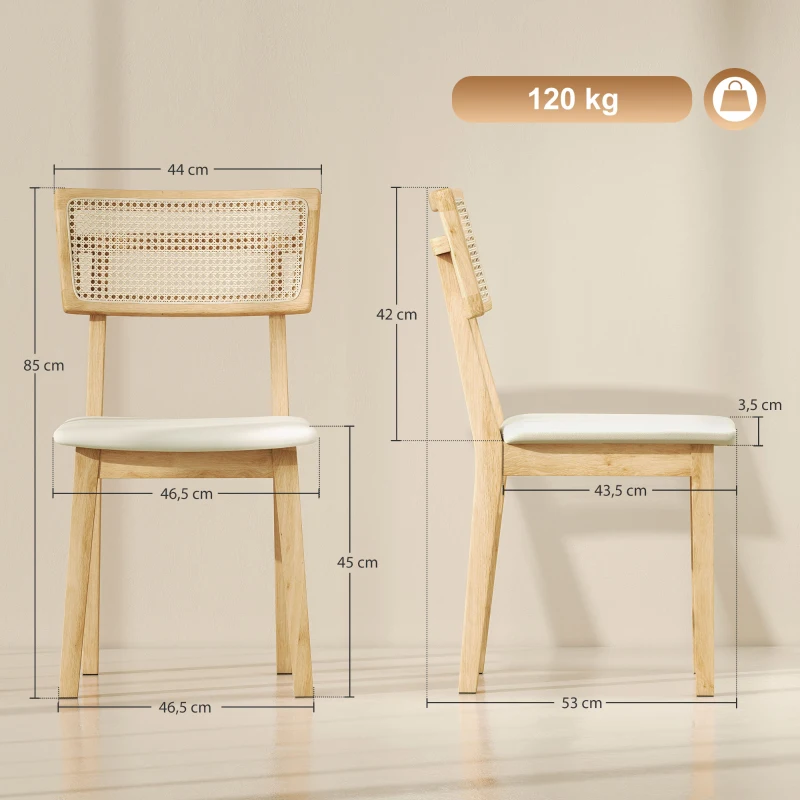 HOMCOM Lot de 2 chaises de salle à manger, chaises de cuisine avec dossier effet rotin, cadre en bois d'hévéa, bois naturel