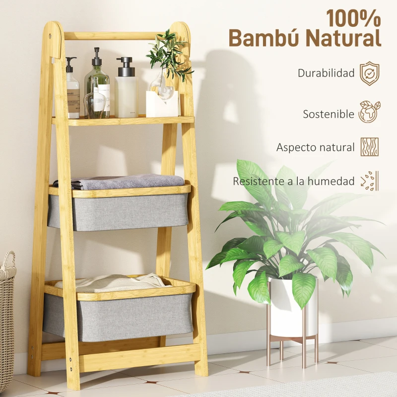 HOMCOM Estantería para Baño Plegable de Bambú con 2 Cestos para Ropa Sucia Estante Abierto Gris