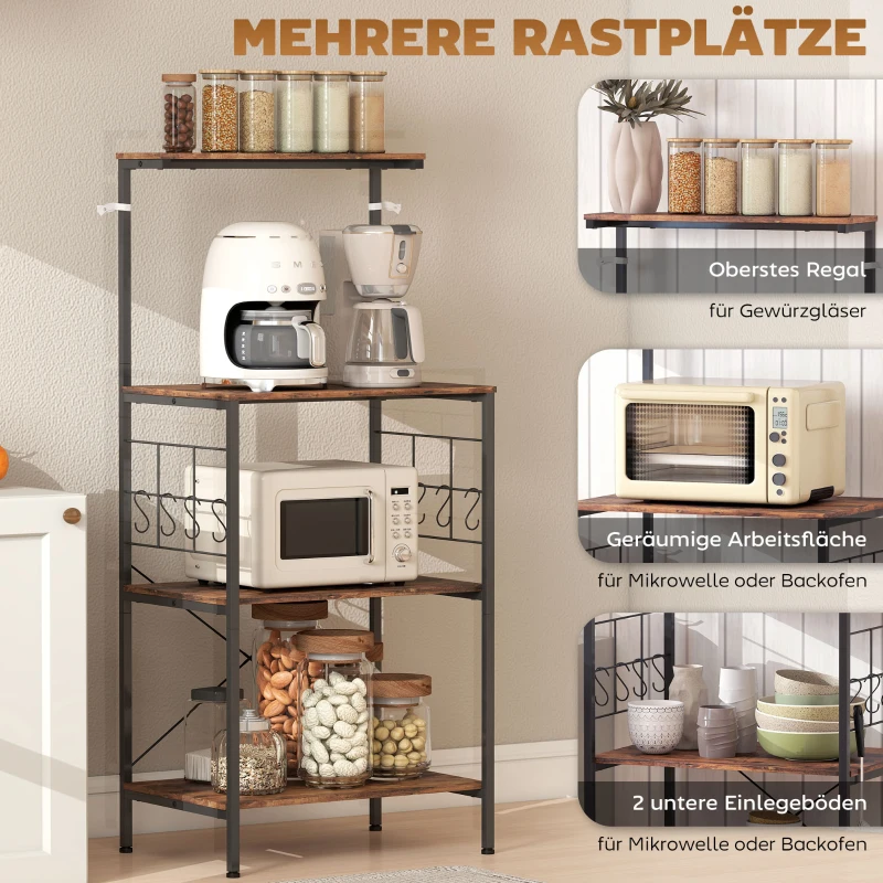 HOMCOM Keukenkast, 4-laags ontwerp, werkblad, 8 haken, metalen buizen, Bruin+Zwart