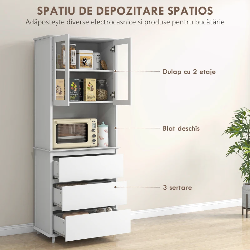 Homcom Bufet Mobilier Bucatarie cu Usi de Sticla si 3 Sertare 68x38x172 cm – Alb(m-4)