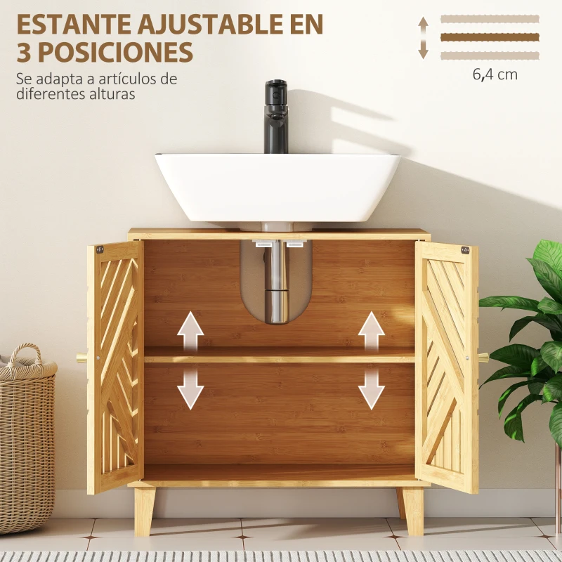 HOMCOM Mueble bajo Lavabo de Bambú con 2 Puertas Lamas y Estante Ajustable para Lavabo sin Pedestal 60x30x60 cm Natural