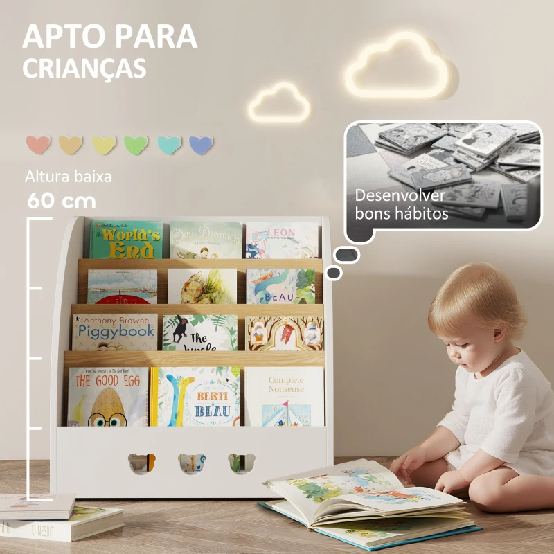 AIYAPLAY Estante Infantil para Brinquedos Organizador de Brinquedos de 4 Níveis com Compartimento Oculto  60x53x60 cm Branco e Madeira
