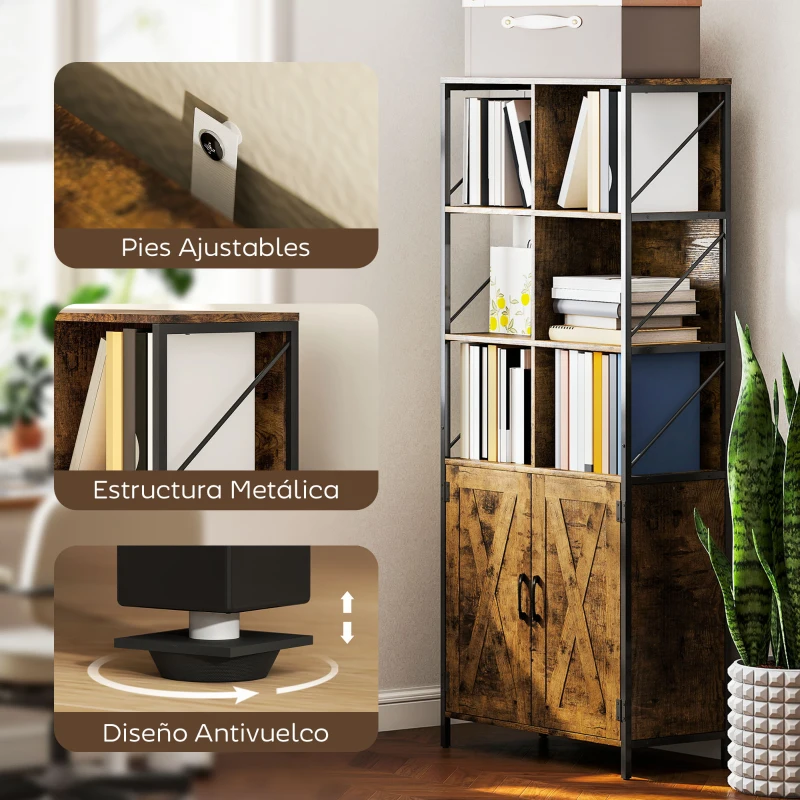 HOMCOM Estantería de Libros con 6 Compartimentos Abiertos y Estante Ajustable para Salón Oficina 75x34x172 cm Marrón Rústico