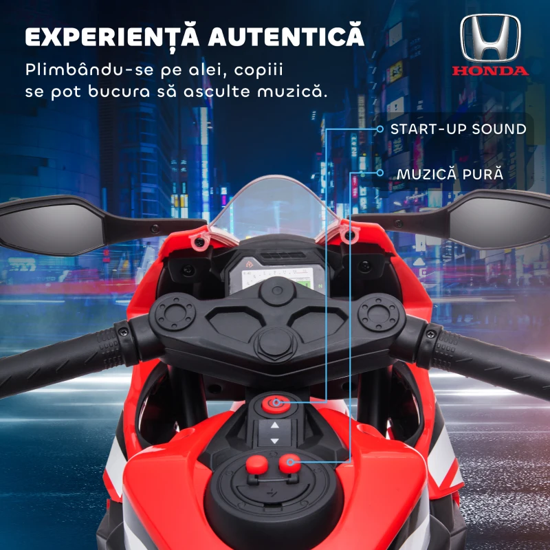 HOMCOM Motocicletă Electrică pentru Copii cu Baterie Reîncărcabilă 6V, Viteză 3 km/h, Muzică și Roți, 90x44x52 cm, Roșie(m-5)