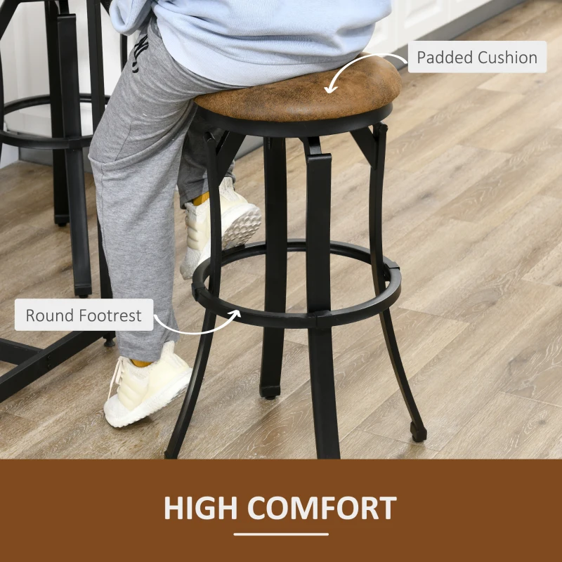 HOMCOM Bar Stools, Set of 2, Microfiber Cloth Breakfast Bar Chairs with Footrest, Vintage Kitchen Stools with Powder-coated Steel Legs for Dining Area and Home Bar, Brown