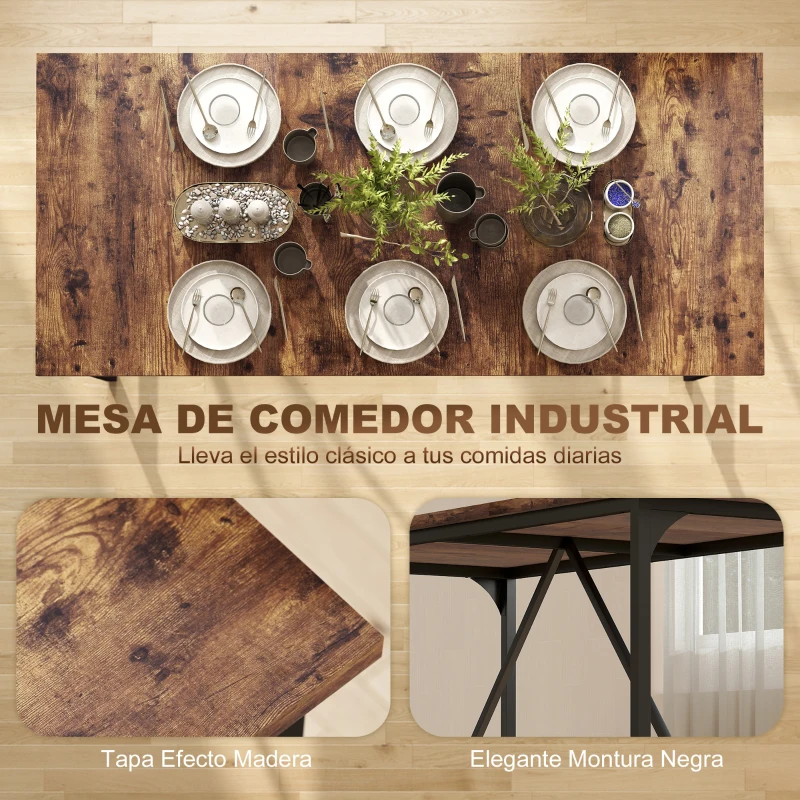 HOMCOM Mesa de Comedor Rectangular para 6-8 Personas Estilo Industrial con Patas de Metal 180x80x75,5 cm Marrón Rústico