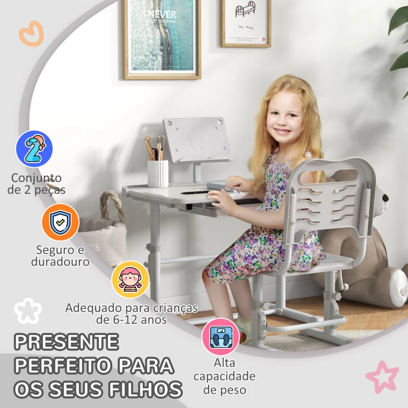 ZONEKIZ Conjunto de Secretária e Cadeira para Crianças com Altura Ajustável e Ângulo da Mesa Ajustável 80x49,5x82-104 cm Cinza e Branco