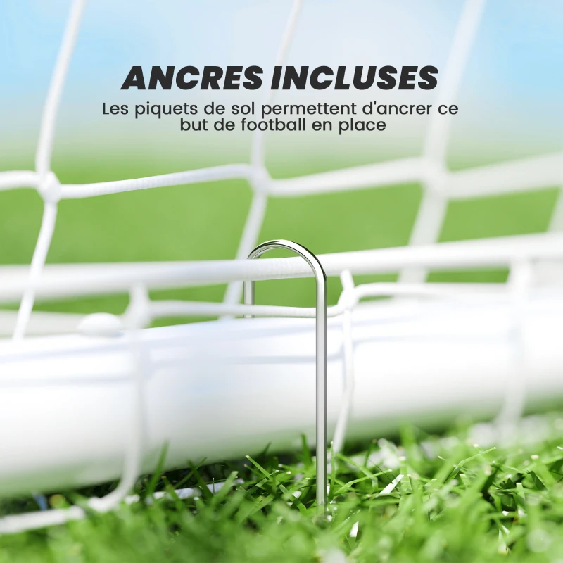 SPORTNOW But de football avec filet poteaux en PVC et piquets de sol installation rapide 2,4 x 1,8 m blanc