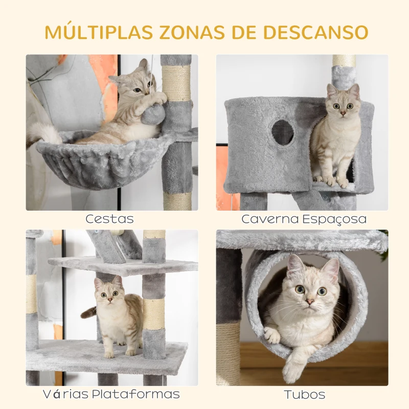 PawHut Arranhador para Gatos do Chão ao Teto de 240-260 cm com Altura Ajustável Múltiplas Plataformas Caverna e Rampas Cinza