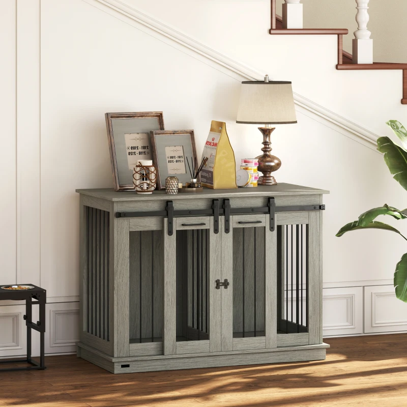 PawHut Dog Crate Furniture for Large Dogs, Double Dog Cage for Small Dogs, with Divider - Grey