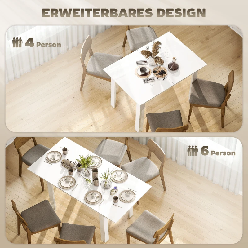HOMCOM Ausziehbarer Esstisch, 120-160 x 70 cm, verstellbarer Küchentisch für 4-6 Personen, MDF, Hochglanzweiß