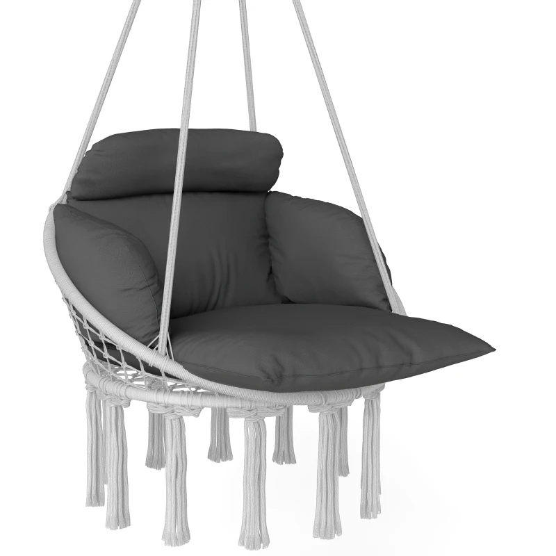 Outsunny Hanging Chair Outdoor Hammock Chair with Soft Cushion, Cotton Rope Boho Style Swing Chair, Hanging Garden Swing Seat for Indoor Outdoor, Dark Grey