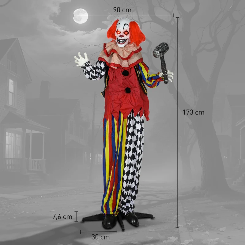 Outsunny Grusel-Clown, Halloween-Animatronik, 173 cm, leuchtende Augen, Geräusch-Aktivierung, bewegliche Arme und Kopf, Batteriebetrieb, Kunststoff, Metall, Rot(m-3)