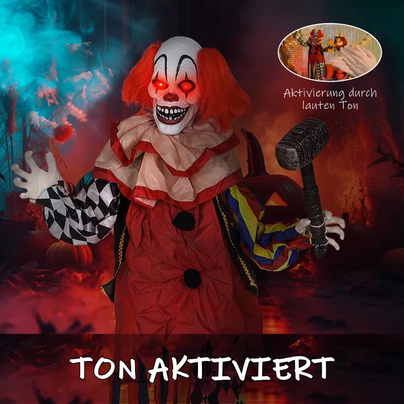 Outsunny Grusel-Clown, Halloween-Animatronik, 173 cm, leuchtende Augen, Geräusch-Aktivierung, bewegliche Arme und Kopf, Batteriebetrieb, Kunststoff, Metall, Rot(m-5)