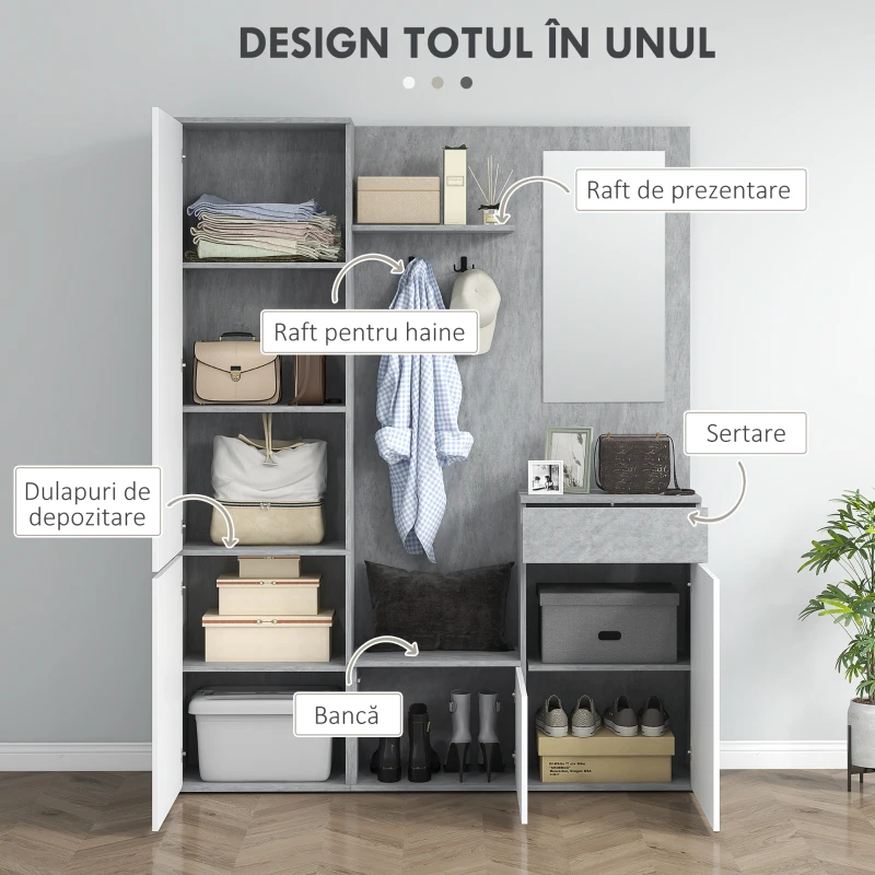 HOMCOM Mobilier 4 în 1 cu Oglindă, Cuiere și Rafturi Interioare Reglabile, Mobilier Multifuncțional, 145x29x184 cm, Gri(m-4)