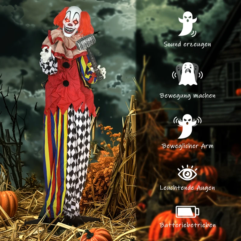 Outsunny Grusel-Clown, Halloween-Animatronik, 173 cm, leuchtende Augen, Geräusch-Aktivierung, bewegliche Arme und Kopf, Batteriebetrieb, Kunststoff, Metall, Rot(m-6)