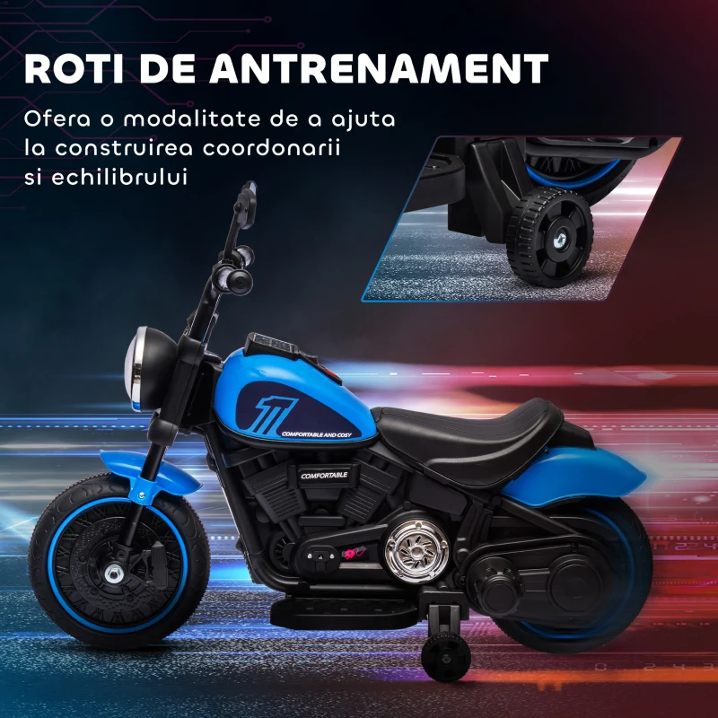 HOMCOM Motocileta Electrica de 6V cu Roti de Antrenament, Motocicleta Electrica Alimentata cu Baterii pentru Baieti si Fete, cu un Singur Buton de Pornire, Pedala, Far, pentru 18-36 luni, Albastru