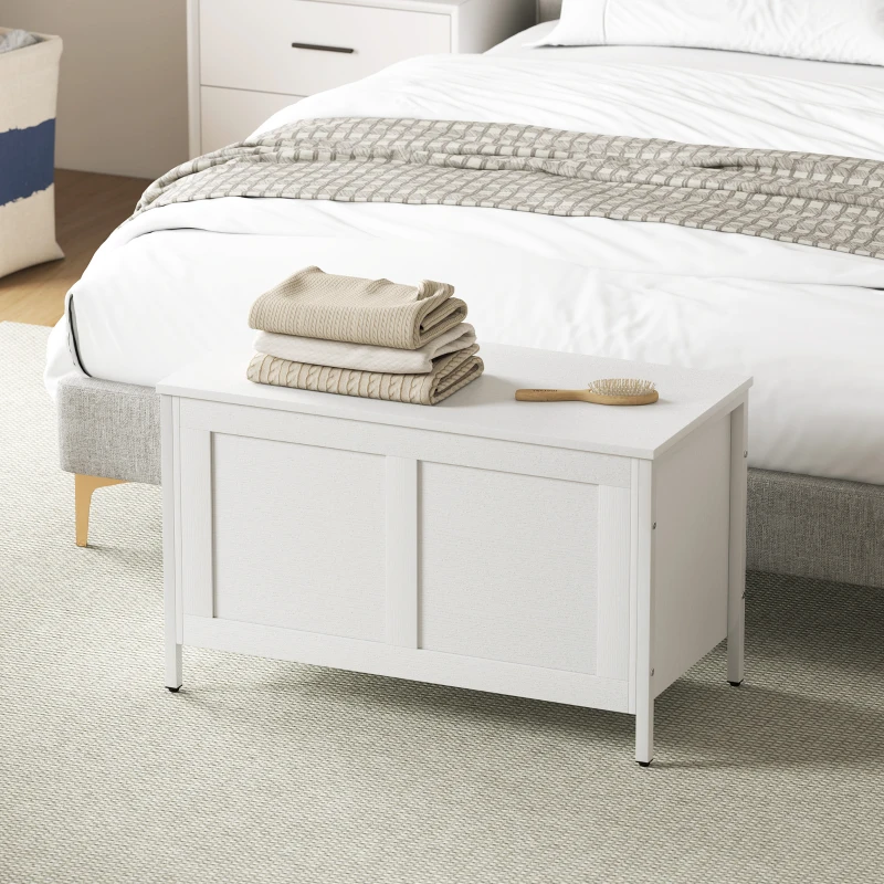 HOMCOM Aufbewahrungstruhe für Schlafzimmer 95 L mit Deckel Aufbewahrungsbank mit Sicherheits-Scharnier 80x40x50 cm Weiß mit Holzmaserung