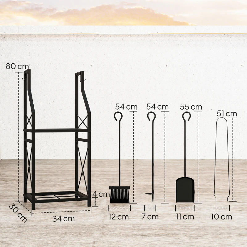 Outsunny Estante de Leña Metálico de Chimenea Soporte para Leña de 2 Niveles con 4 Herramientas Ganchos 34x30x80 cm Negro